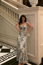 Cute A Line Spaghetti Straps Mid Length Floral Blue Prom Dresses Birthday Outfits