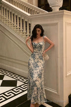 Cute A Line Spaghetti Straps Mid Length Floral Blue Prom Dresses Birthday Outfits