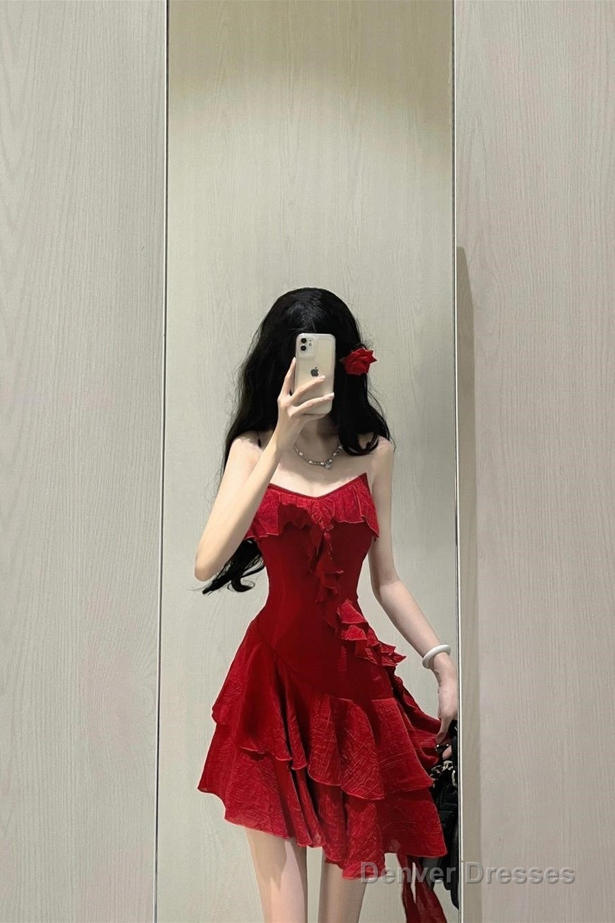 Cute A Line Spaghetti Straps Red Short Ruffles Skirt Birthday Dresses Birthday Outfits