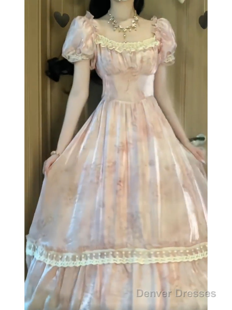 Cute A Line Square Neckline Pink Lace Long Prom Dresses Night Dress Birthday Outfits Secondary image