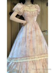 Cute A Line Square Neckline Pink Lace Long Prom Dresses Night Dress Birthday Outfits