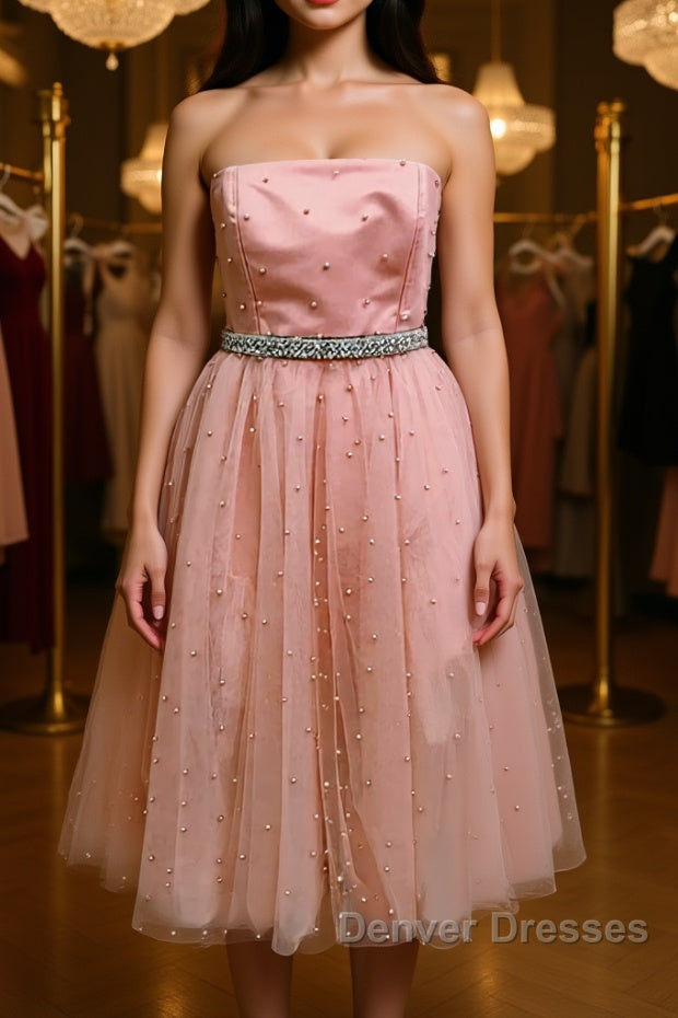 Cute A Line Strapless Beaded Pink Short Prom Dress Homecoming Dress, Strapless Pink Formal Graduation Evening Dress Main image