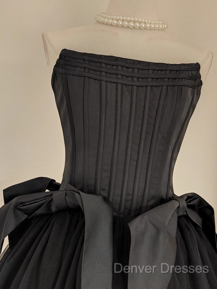 Cute A Line Strapless Black Travel Vacation Dress Short Satin Birthday Dress