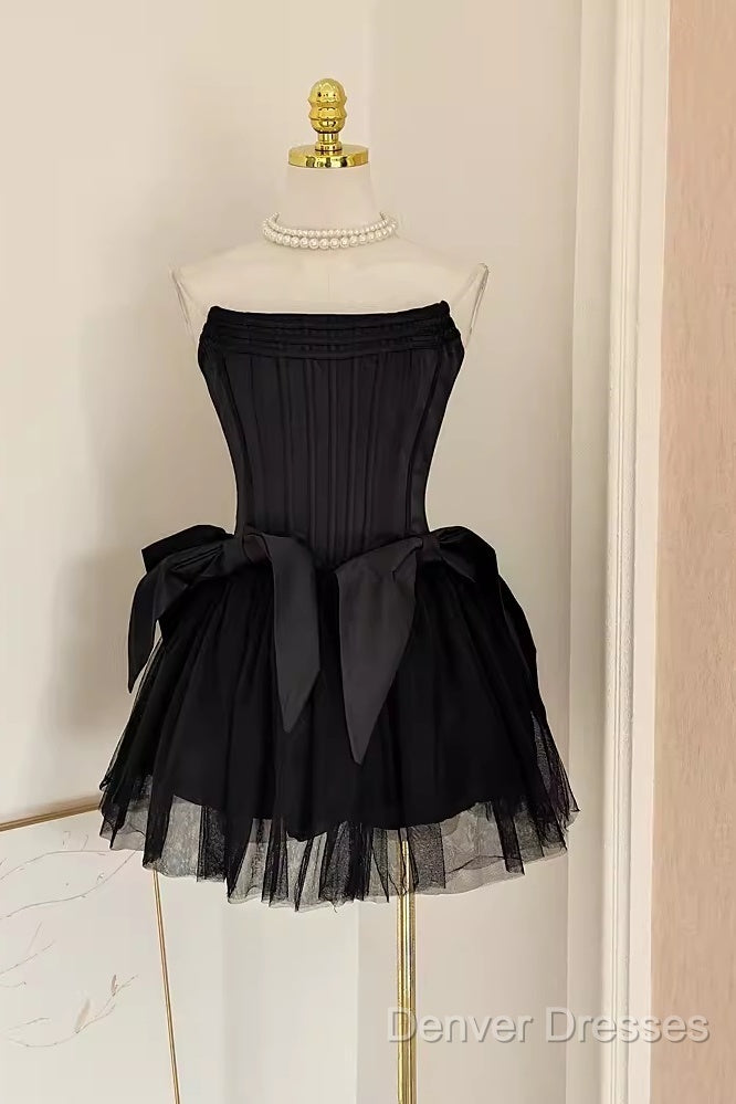 Cute A Line Strapless Black Travel Vacation Dress Short Satin Birthday Dress