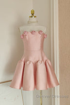Cute A Line Strapless Pink Satin Travel Vacation Dress Short Birthday Dress
