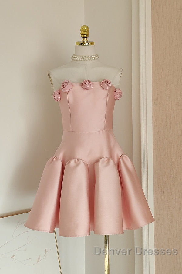 Cute A Line Strapless Pink Satin Travel Vacation Dress Short Birthday Dress