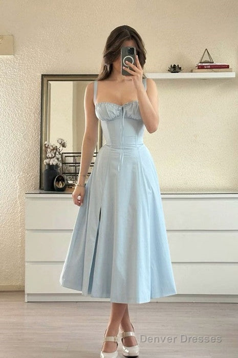 Cute A Line Straps Blue Tea Length Prom Dresses Summer Birthday Dress Secondary image