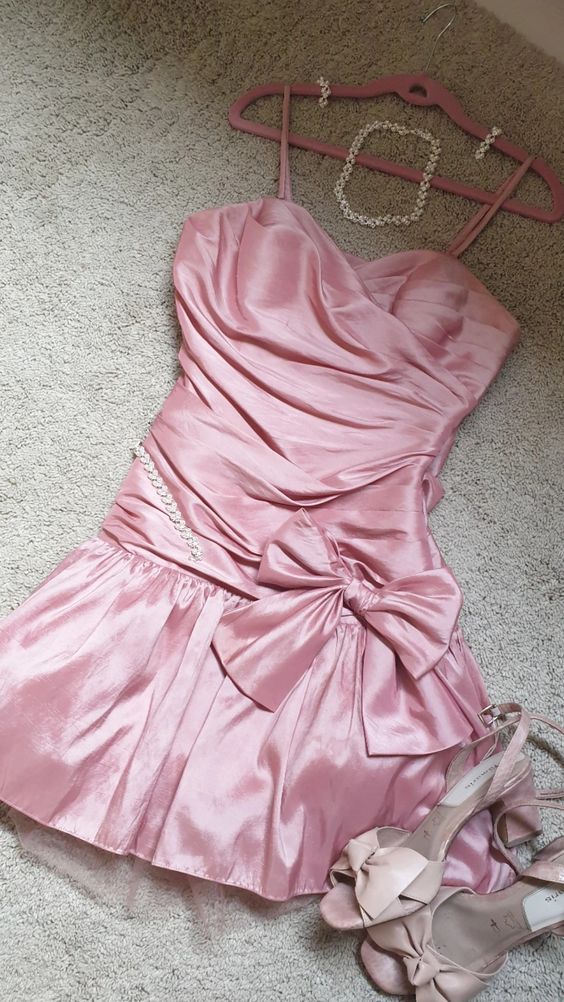 Cute A Line Straps Pink Satin Homecoming Dress Short Birthday Dress With Bow