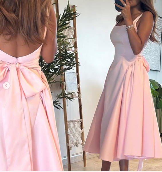 Cute A Line Straps Pink Satin Tea Length Prom Dress With Bow Secondary image