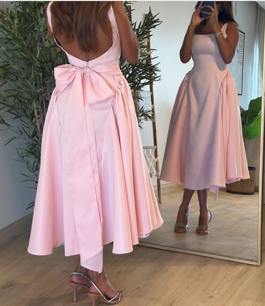 Cute A Line Straps Pink Satin Tea Length Prom Dress With Bow