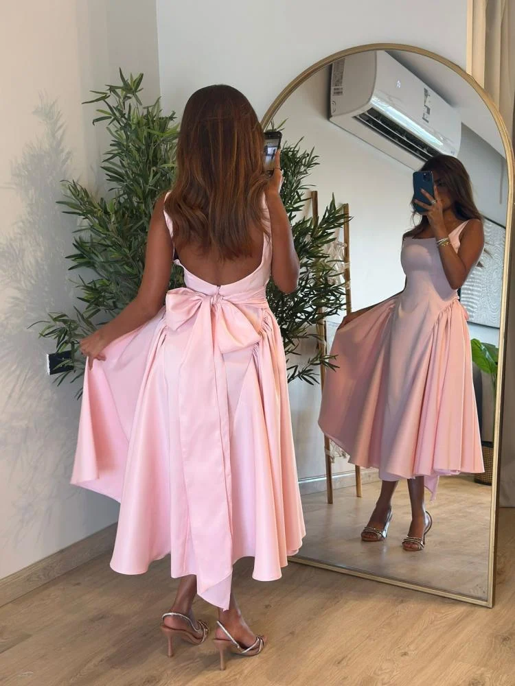 Cute A Line Straps Pink Satin Tea Length Prom Dress With Bow
