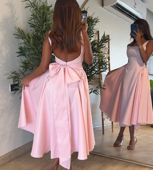Cute A Line Straps Pink Satin Tea Length Prom Dress With Bow