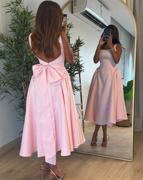 Cute A Line Straps Pink Satin Tea Length Prom Dress With Bow Main image