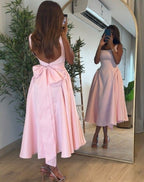 Cute A Line Straps Pink Satin Tea Length Prom Dress With Bow