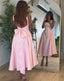Cute A Line Straps Pink Satin Tea Length Prom Dress With Bow