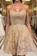 Cute Backless Short Golden Lace Prom Dress, Golden Lace Homecoming Dress, Short Golden Formal Evening Dress