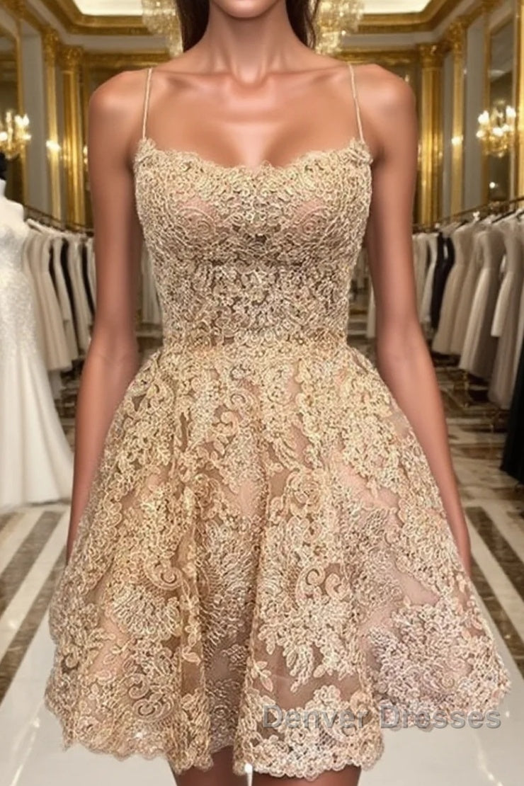 Cute Backless Short Golden Lace Prom Dress, Golden Lace Homecoming Dress, Short Golden Formal Evening Dress