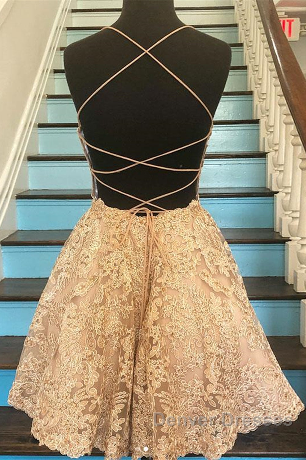 Cute Backless Short Golden Lace Prom Dress, Golden Lace Homecoming Dress, Short Golden Formal Evening Dress Secondary image