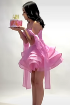 Cute Ball Gown Off The Shoulder Pink Chiffon Mini Short Formal 8Th Grade Homecoming Dress Summer Middle School Hoco Dress Homecoming Outfits Birthday Outfit