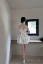 Cute Ball Gown Spaghetti Straps White Satin Short Ballet Skirt Birthday Dresses Birthday Outfits