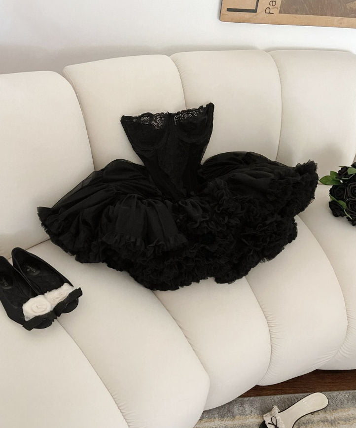 Cute Ball Gown Strapless Black Ruffles Lace Homecoming Dress Short Birthday Outfits Secondary image
