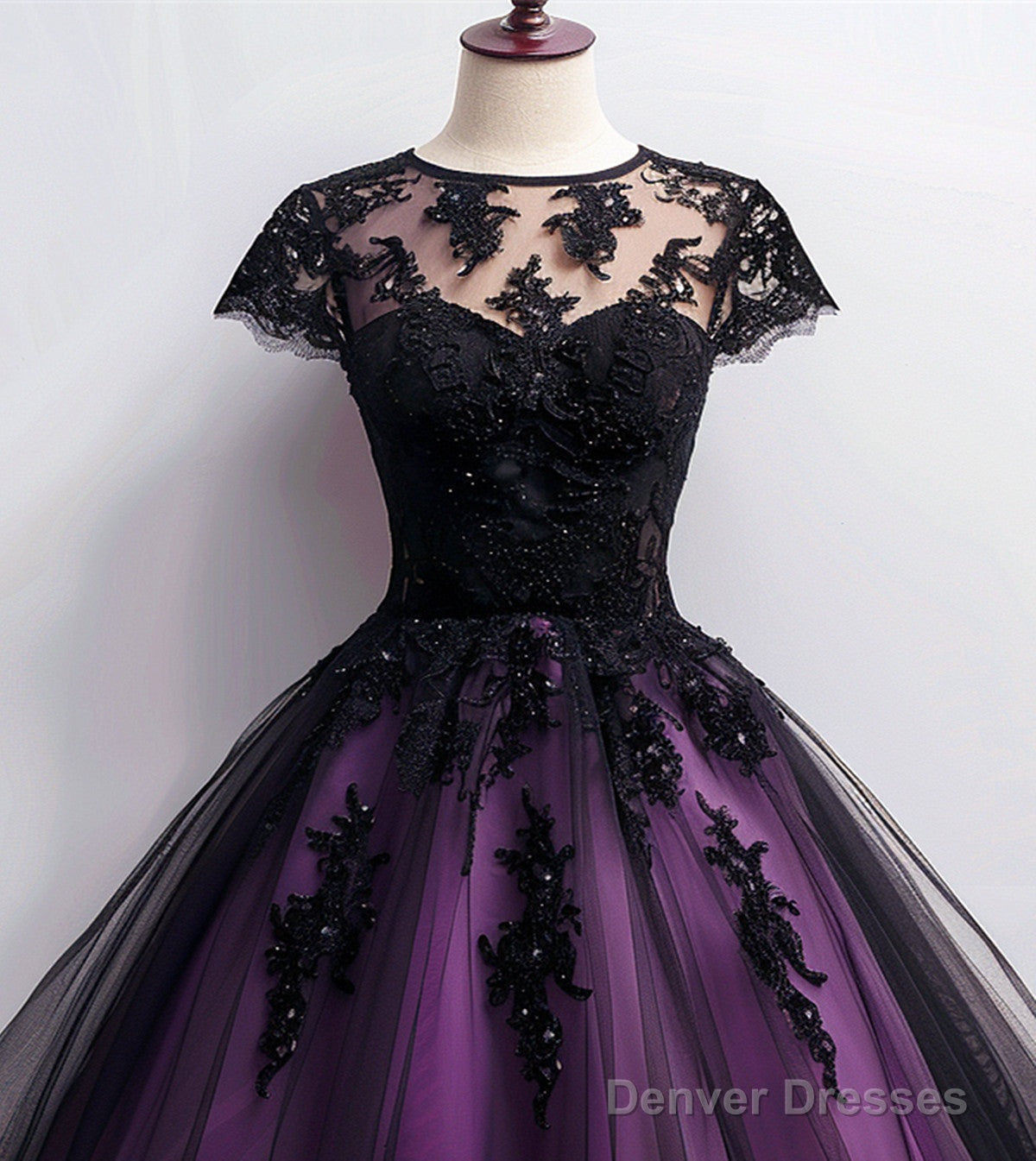 Cute Black And Purple Tulle Short Sleeves Party Dress, Tulle Short Homecoming Dress