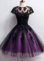 Cute Black And Purple Tulle Short Sleeves Party Dress, Tulle Short Homecoming Dress