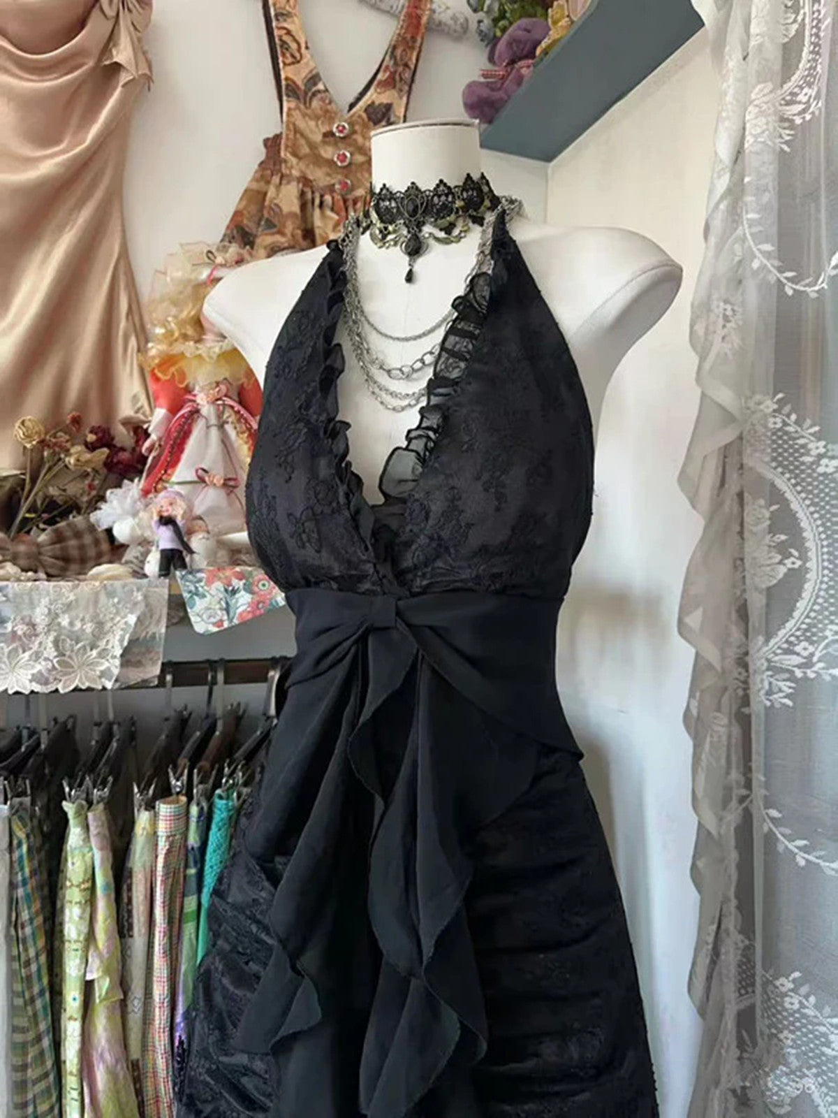 Cute Black Lace V-Neckline A-Line Halter Party Dress, Black Charming Style Prom Dress