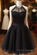 Cute Black Tulle Halter Short Homecoming Dress, Black Prom Dress