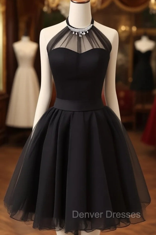 Cute Black Tulle Halter Short Homecoming Dress, Black Prom Dress Main image