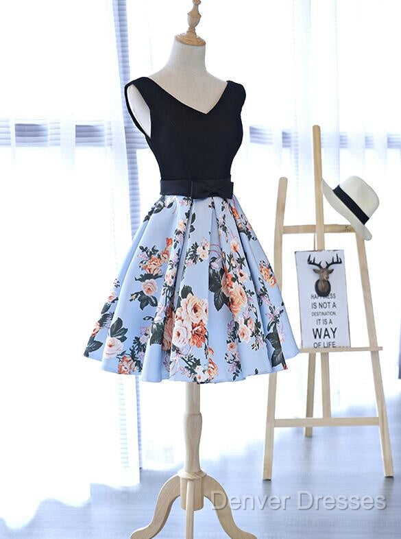 Cute Blue Floral And Black Satin Homecoming Dress In Stock, Lovely Party Dress For Teens Secondary image