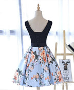 Cute Blue Floral And Black Satin Homecoming Dress In Stock, Lovely Party Dress For Teens