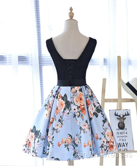Cute Blue Floral And Black Satin Homecoming Dress In Stock, Lovely Party Dress For Teens