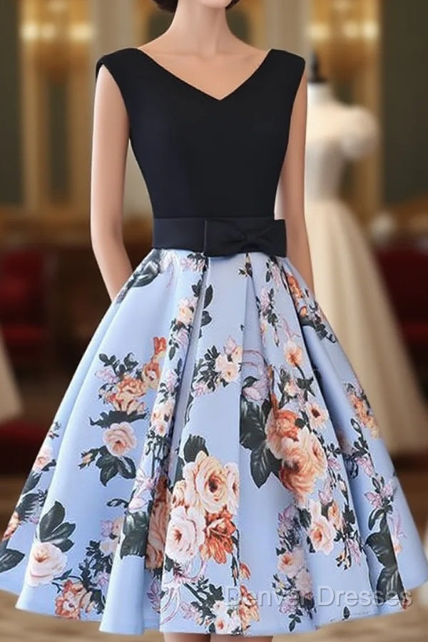 Cute Blue Floral And Black Satin Homecoming Dress In Stock, Lovely Party Dress For Teens