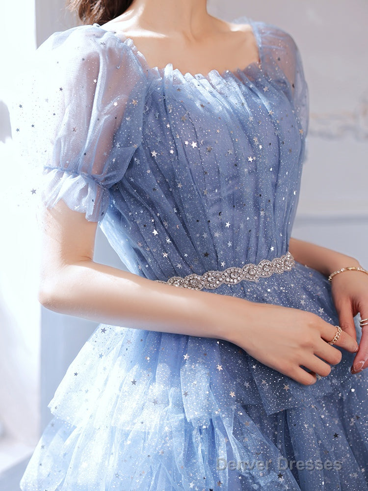 Cute Blue Layers Shiny Tulle Short Sleeves Party Dress, Blue Homecoming Dresses