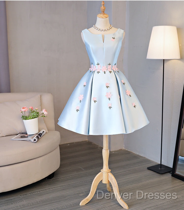 Cute Blue Satin Short Homecoming Dress Party Dress, Blue Prom Dress With Flowers