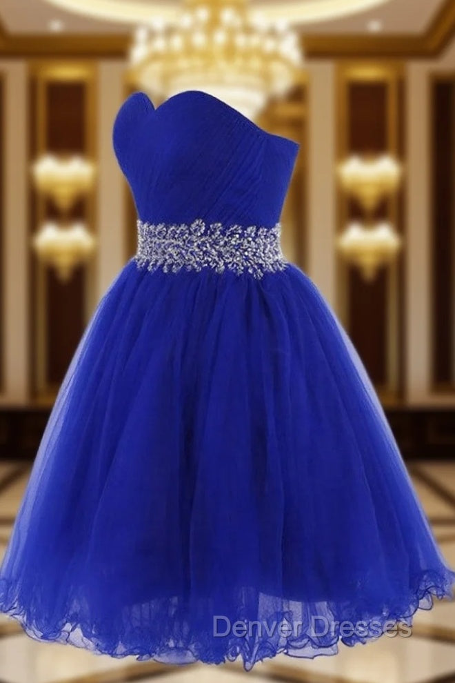 Cute Blue Sweetheart Tulle Cocktail Dress Homecoming Dress With Beading, Short Prom Dress Main image