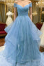 Cute Blue Tulle Sweetheart Layers Long Formal Dress, Blue Evening Gown Prom Dress