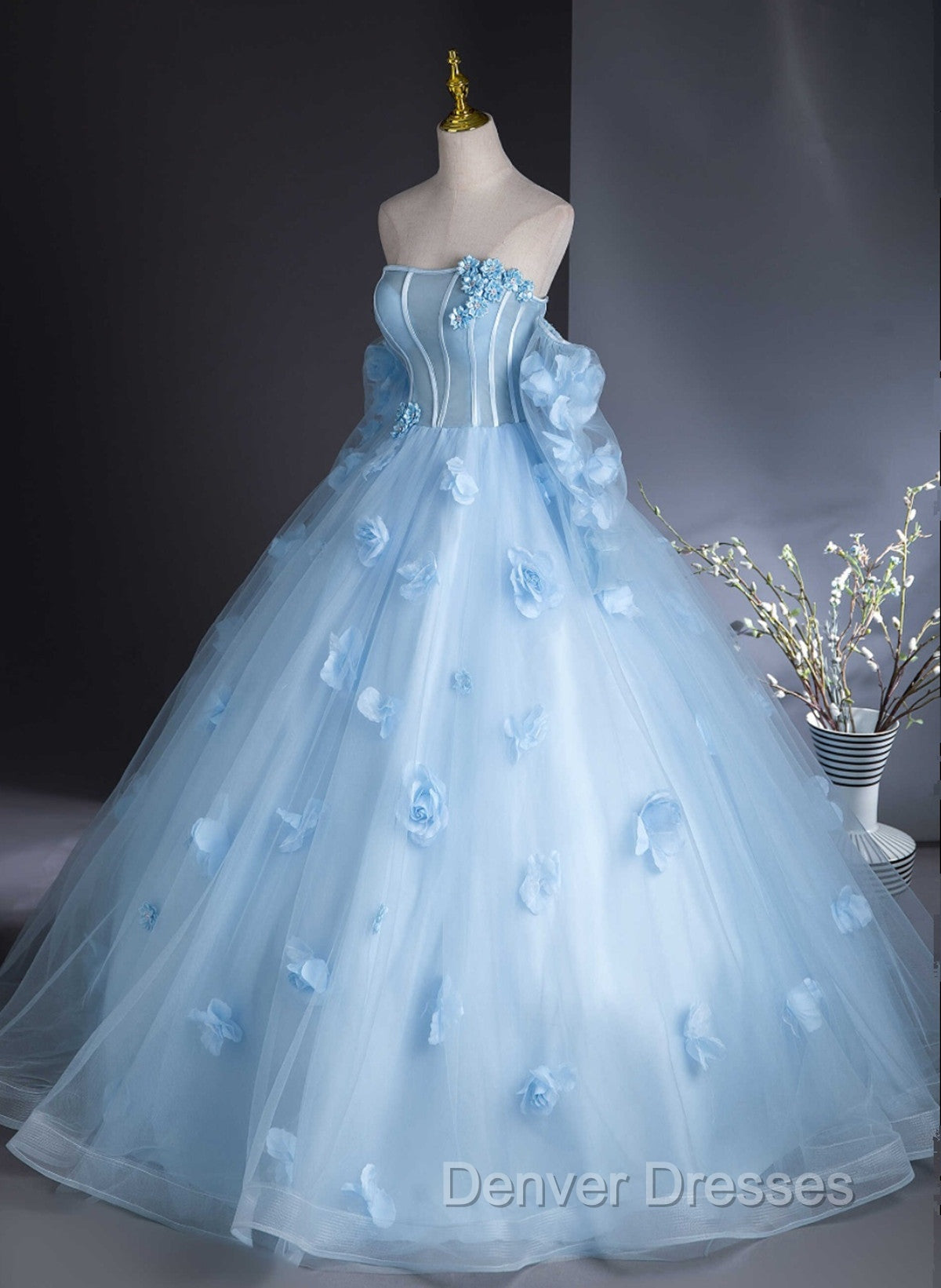 Cute Blue Tulle With Flowers Long Formal Dress, Blue Evening Gown Sweet 16 Dress Secondary image
