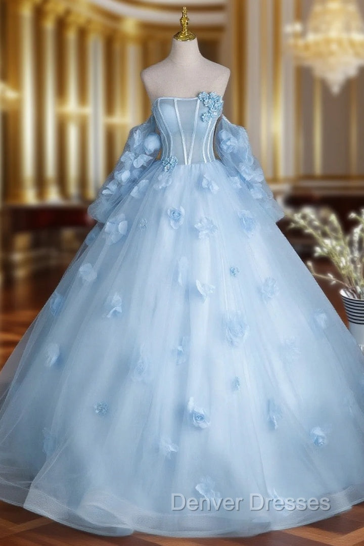 Cute Blue Tulle With Flowers Long Formal Dress, Blue Evening Gown Sweet 16 Dress