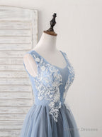 Cute Blue V Neck Tulle Lace Applique Short Prom Dress, Blue Homecoming Dress