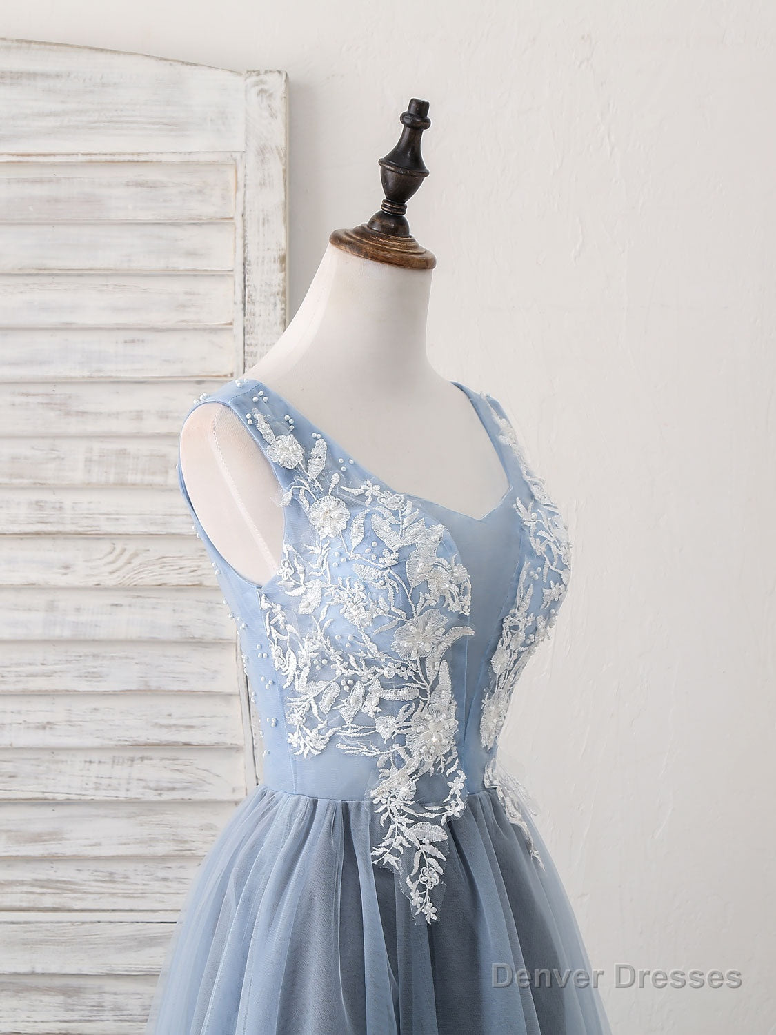 Cute Blue V Neck Tulle Lace Applique Short Prom Dress, Blue Homecoming Dress