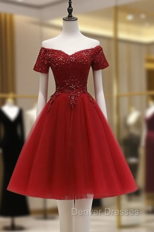 Cute Burgundy Off Shoulder Tulle Party Dress, Wine Red Homecoming Dress