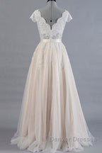 Cute Cap Sleeve V-neck Lace Tulle Wedding Dress