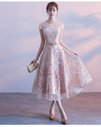 Cute Cap Sleeves Lace Tea Length Bridesmaid Dress, Lovely Bridesmaid Dress