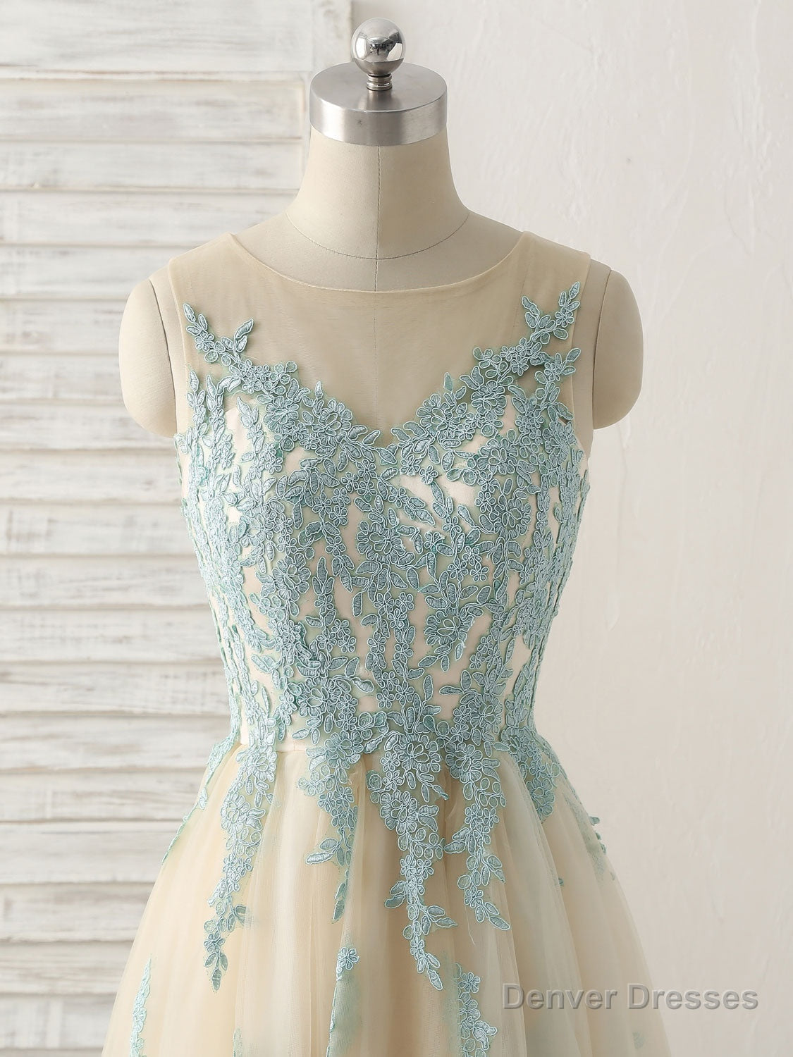 Cute Champagne Lace Long Prom Dress, A Line Tulle Bridesmaid Dress