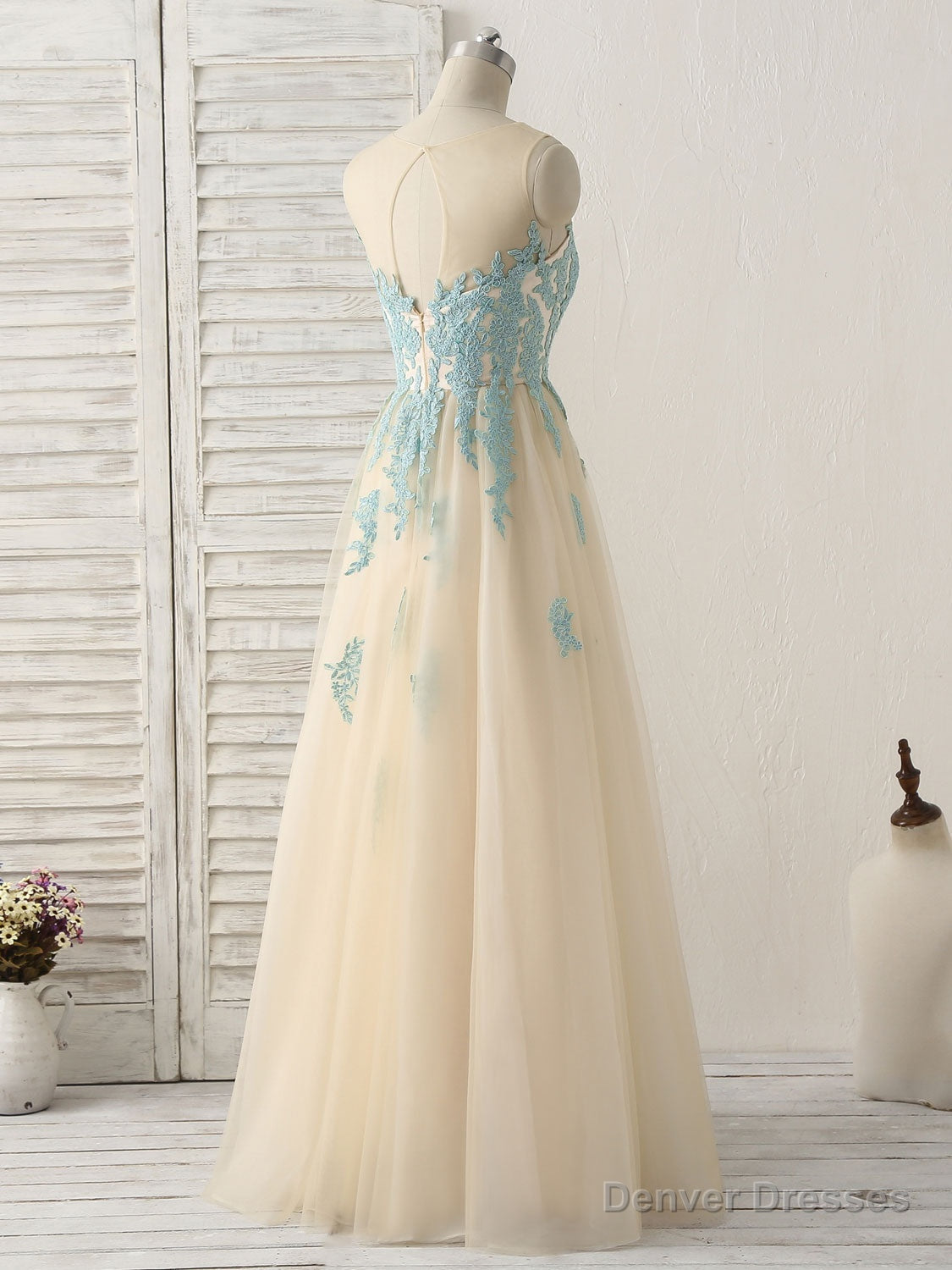 Cute Champagne Lace Long Prom Dress, A Line Tulle Bridesmaid Dress