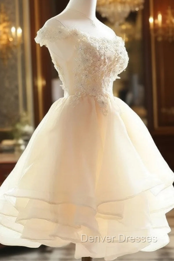 Cute Champagne Organza Layers Knee Length Homecoming Dress with Lace, Short Prom Dress
