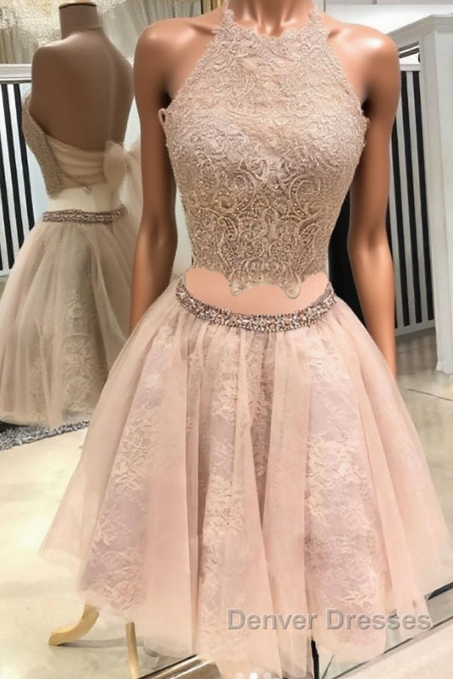 Cute champagne tulle lace short prom Dress, homecoming Dress Main image