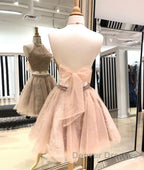 Cute champagne tulle lace short prom Dress, homecoming Dress